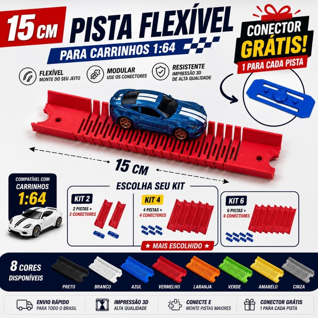 Pista Flexível 15cm para Carrinhos 1:64 Kit 2 4 ou 6 Pistas | Com Conectores | Compatível hotweels