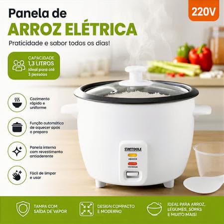 Panela Elétrica Tampa Vidro Cozinha Automática Prática Compacta 1,3 Litros Rice Cooker 220V Branca