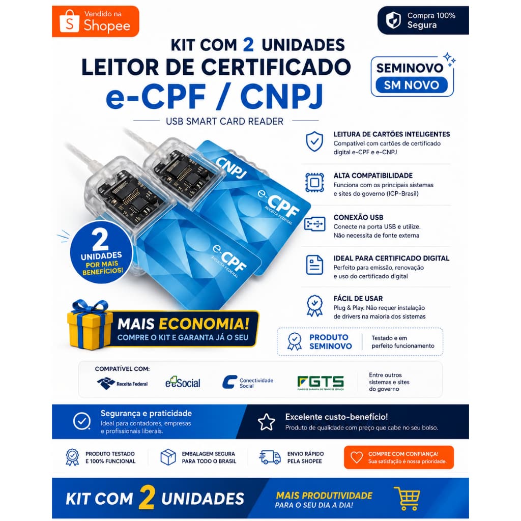 Kit com 2 Leitores Smart Card para Certificado Digital E-CPF e E-CNPJ