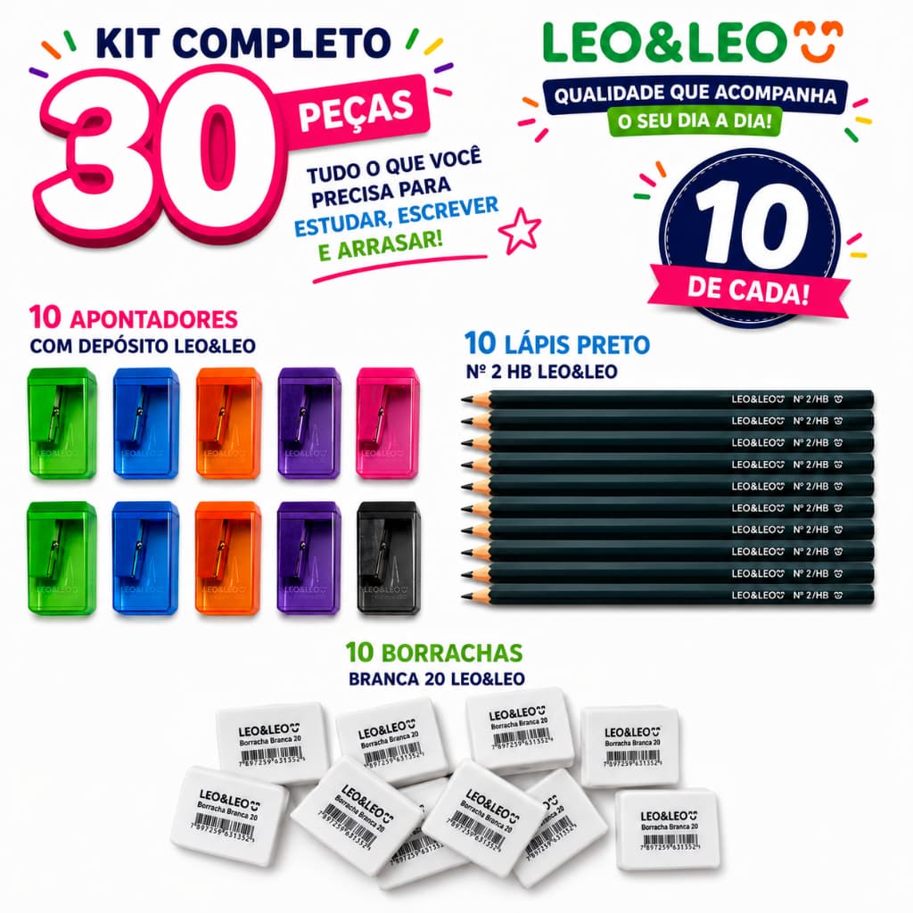 Kit 10 Apontadores Retangular Neon 10 lápis Preto nº 2 HB Sextavado e 10 Borrachas Brancas LeoeLeo