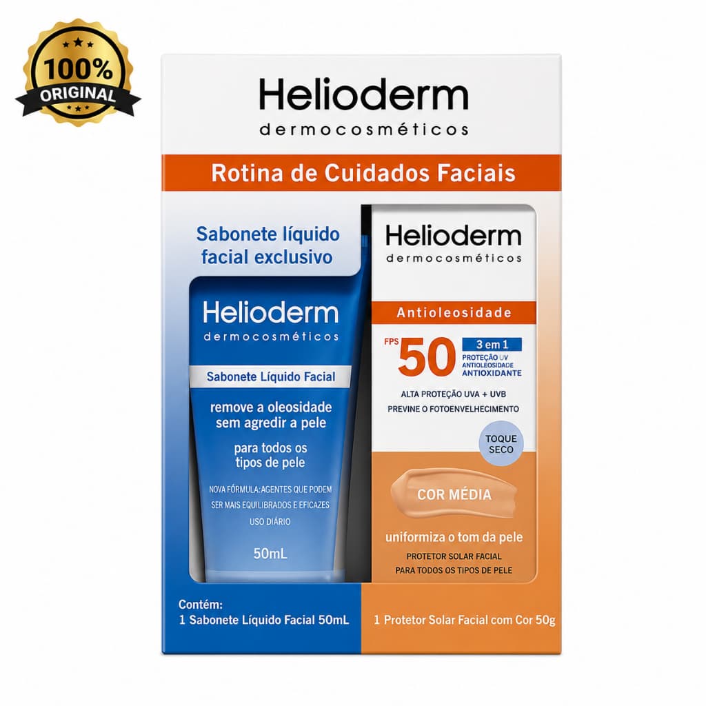Kit Helioderm Cuidados Faciais(COM COR) FPS 50 + Sabonete Líquido Facial 50ml Original