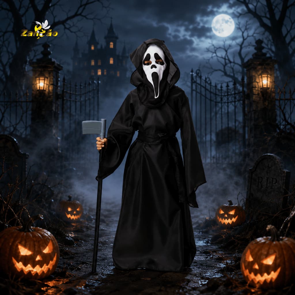 Túnica Pânico Com Capuz + Máscara Fantasia Infantil de Halloween Ghostblack - Fantasias Super