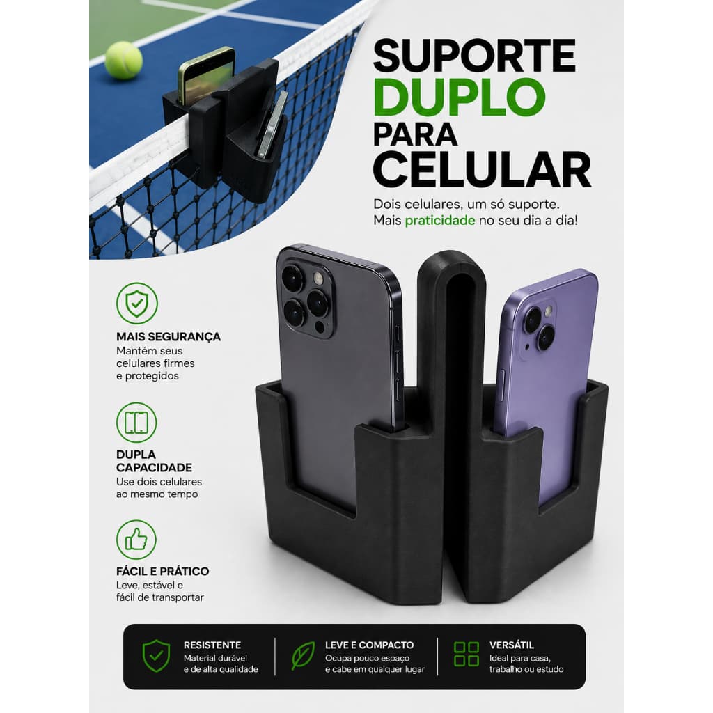 Suporte Duplo para Celular Porta Celular 2 Aparelhos Organizador de Mesa e Rede Esportiva