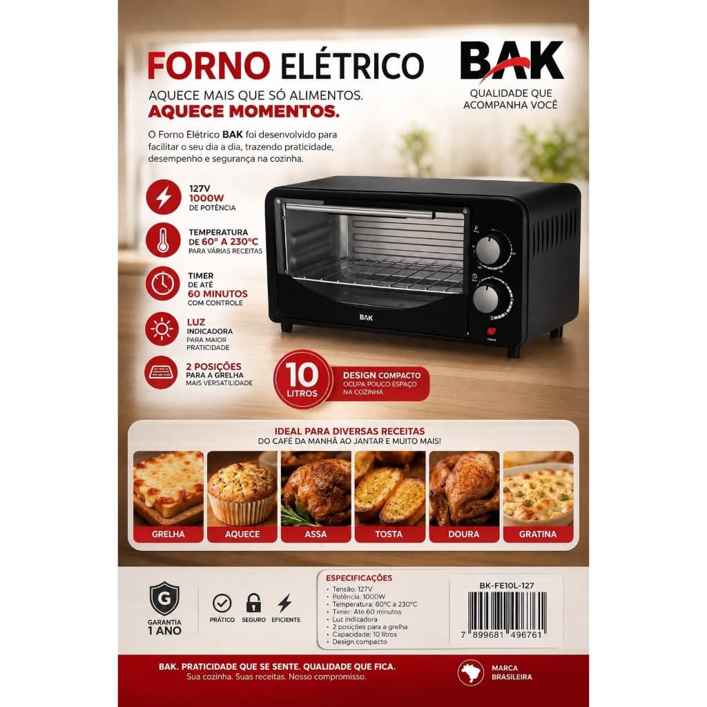 Forno Elétrico 10L Bak 127v 1000W com Timer de Desligamento