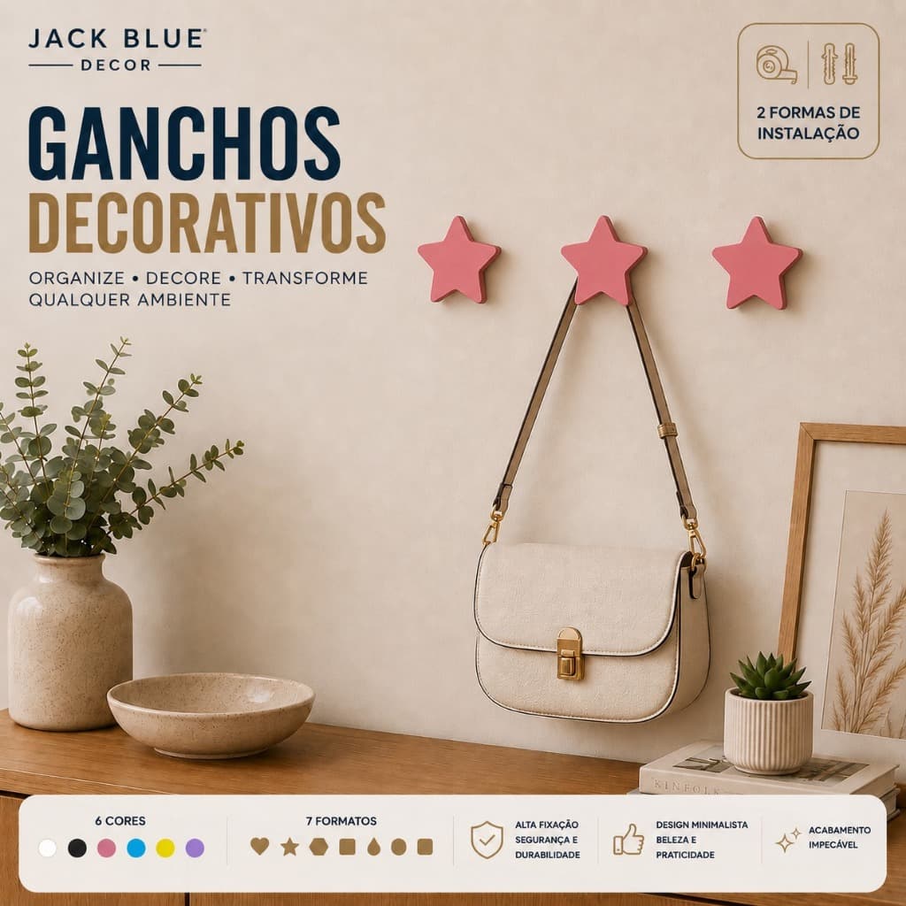 Kit Ganchos Parede Estrela Fita Dupla 3M ou Parafuso Suporte Cabideiro Multiuso Bolsa Toalha Mochila Casacos Decorativos