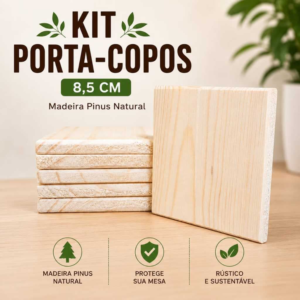 Kit Porta Copos de Madeira Pinus Quadrado, Taça, Xícara, Caneca, Copo Cerveja
