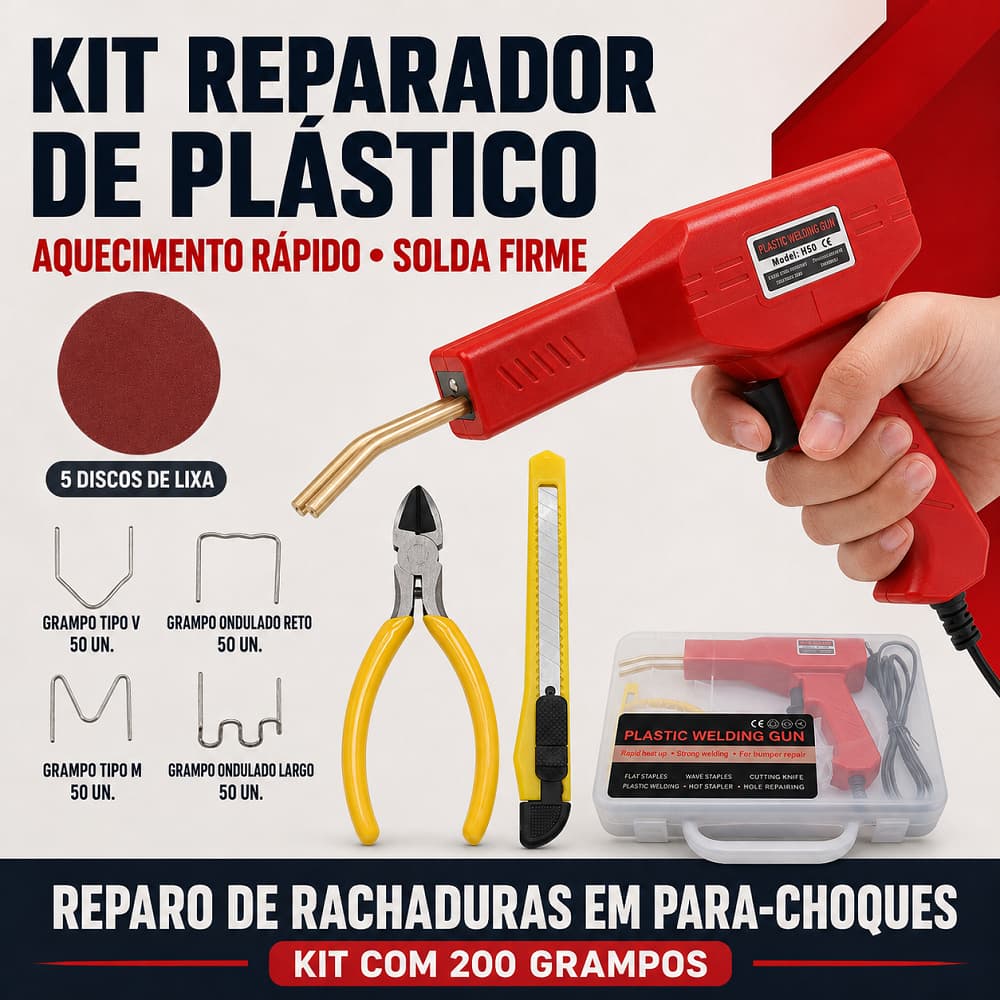 Pistola de Solda Plástica 110V/220V com 200 Grampos, Maleta Plástica, Estilete e Alicate – Kit Completo para Carro