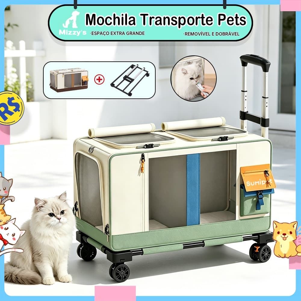 Carrinho de Transporte Pet Dobrável com Rodas 360 Graus para Cães e Gatos 61x33x35cm