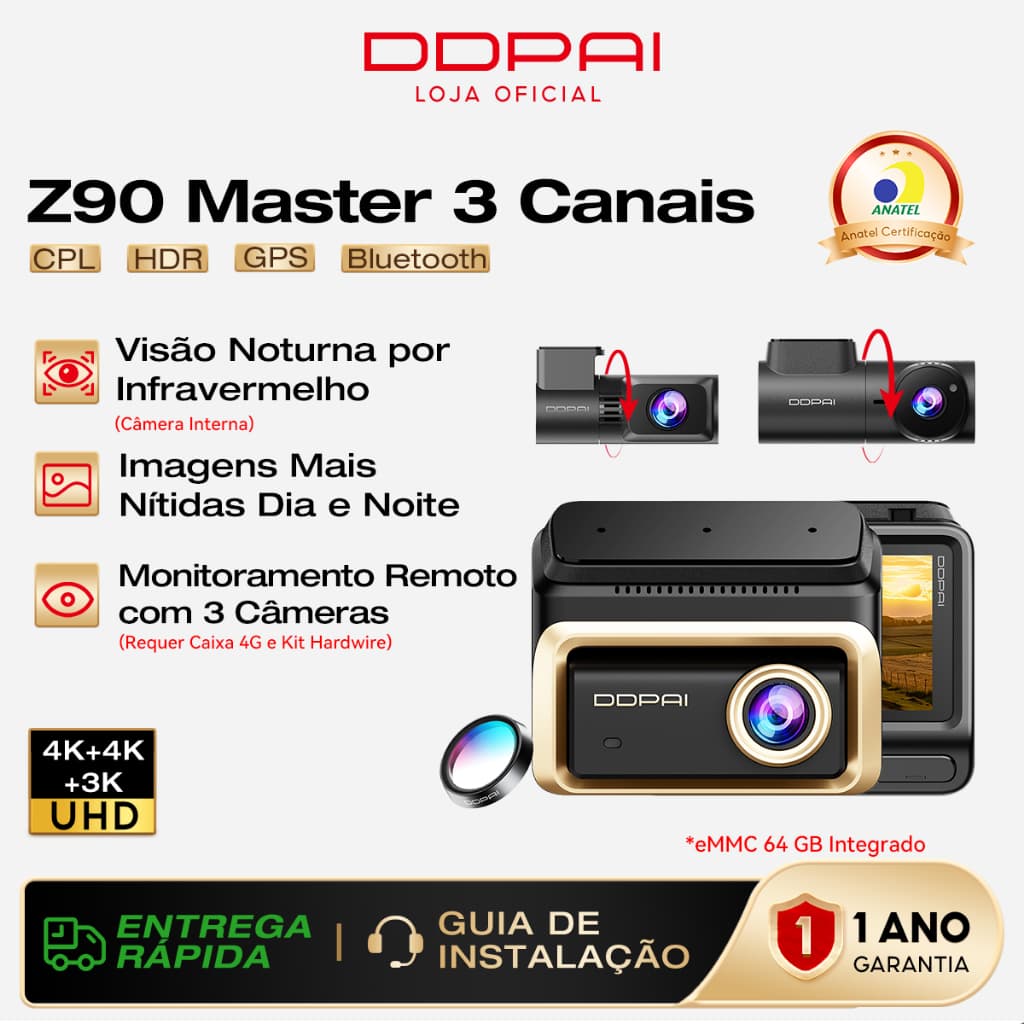 DDPAI Z90 Master Câmera Veicular 3 Canais 4K+3K+4K Visão Noturna IR STARVIS 2 64GB eMMC Filtro CPL Wi-Fi GPS APP ADAS