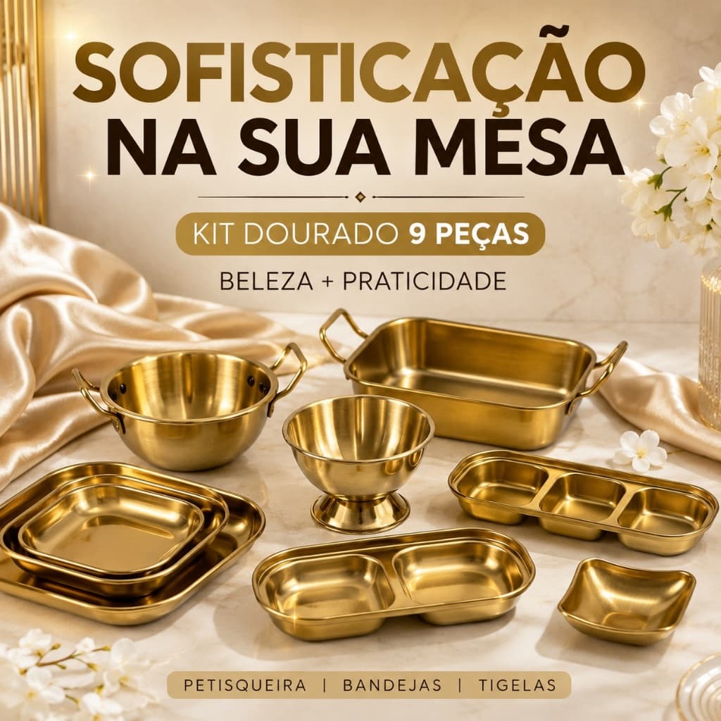 Kit Petisqueira Dourada 9 Peças Conjunto para Servir com Bandeja Dourada e Petisqueira com Divisórias