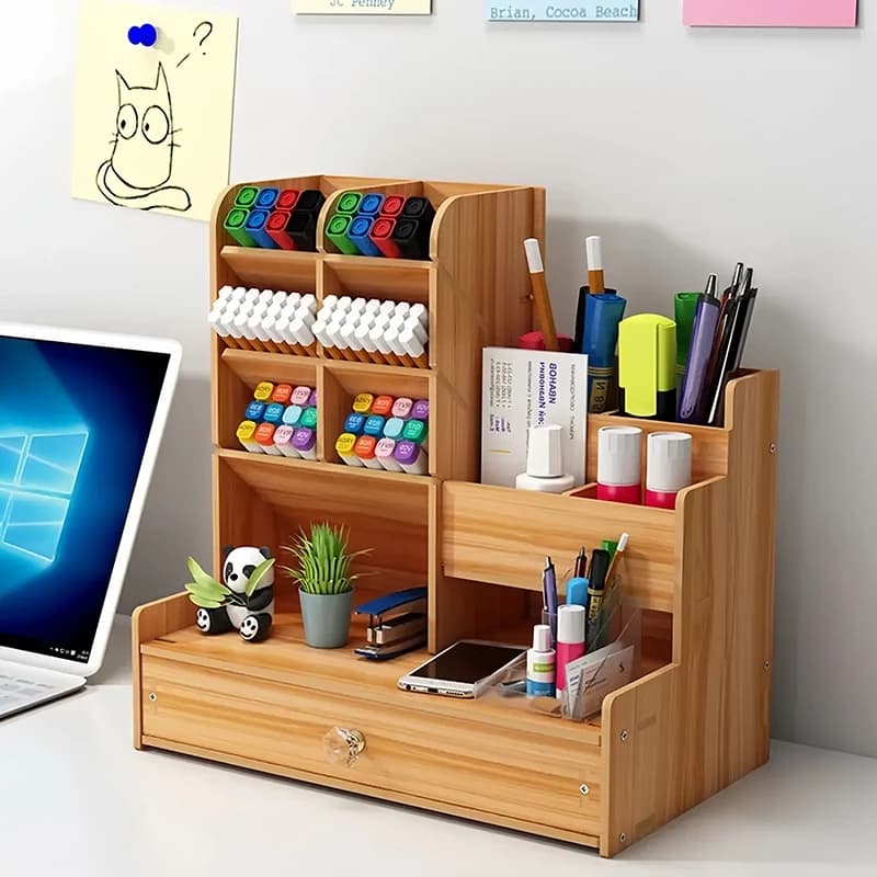 Organizador De Mesa Luxo Escritório Multiuso C/ Gaveta Nicho Mdf Canetas