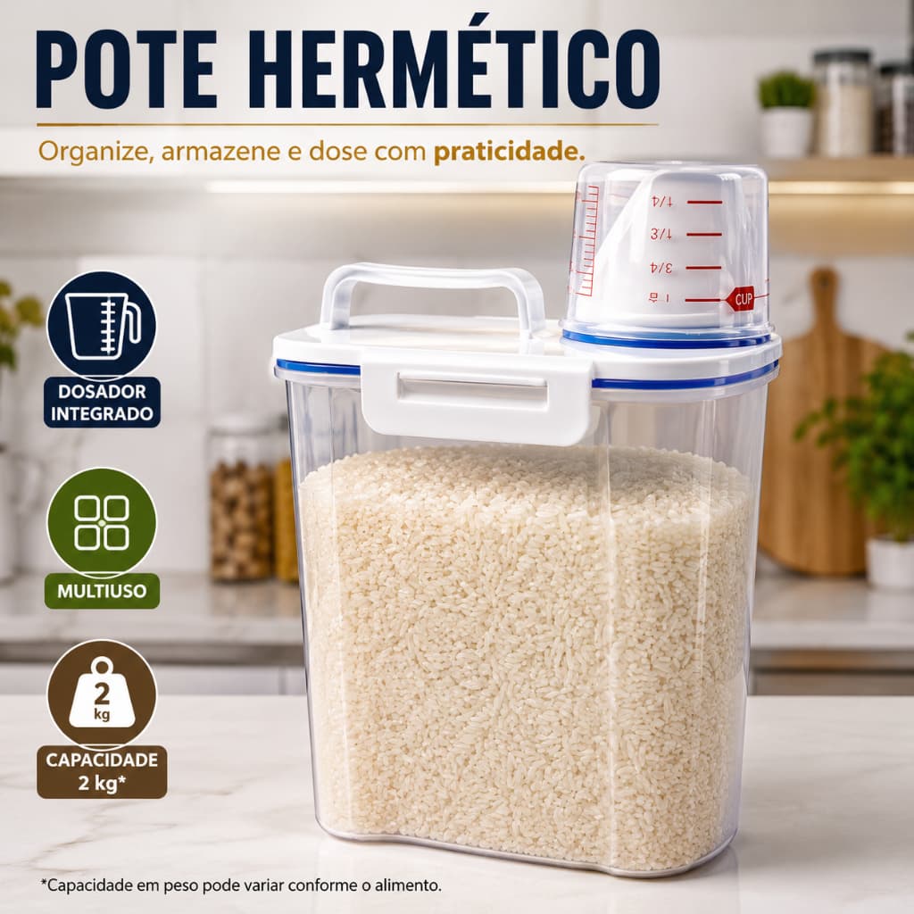 Pote Hermético Multiuso 2kg com Dosador para Arroz Feijão Cereais Grãos e Mantimentos