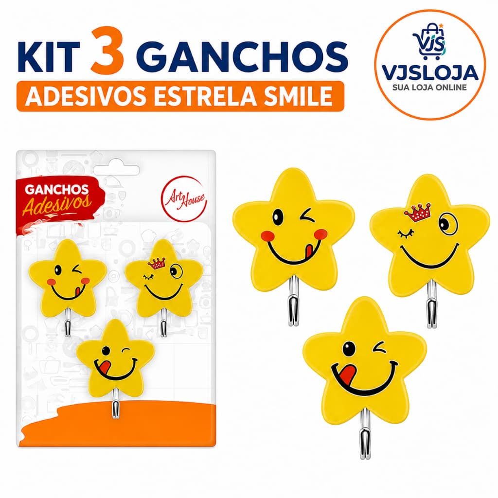 Ganchos Adesivos Estrelas Smile Art House Kit 3 Unidades Colorido | Kit 3 Ganchos Adesivos Estrela Smile – Art House