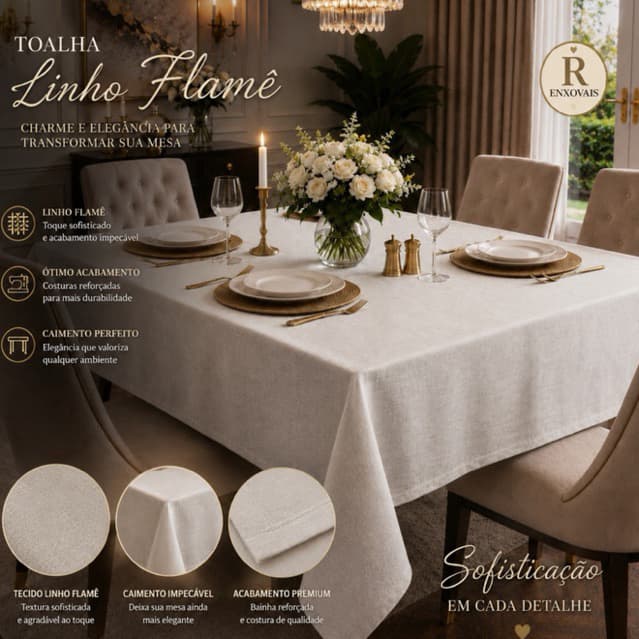 Toalha de Mesa Cozinha 6 Lugares 2,00x1,40m – Tecido Linho Voil