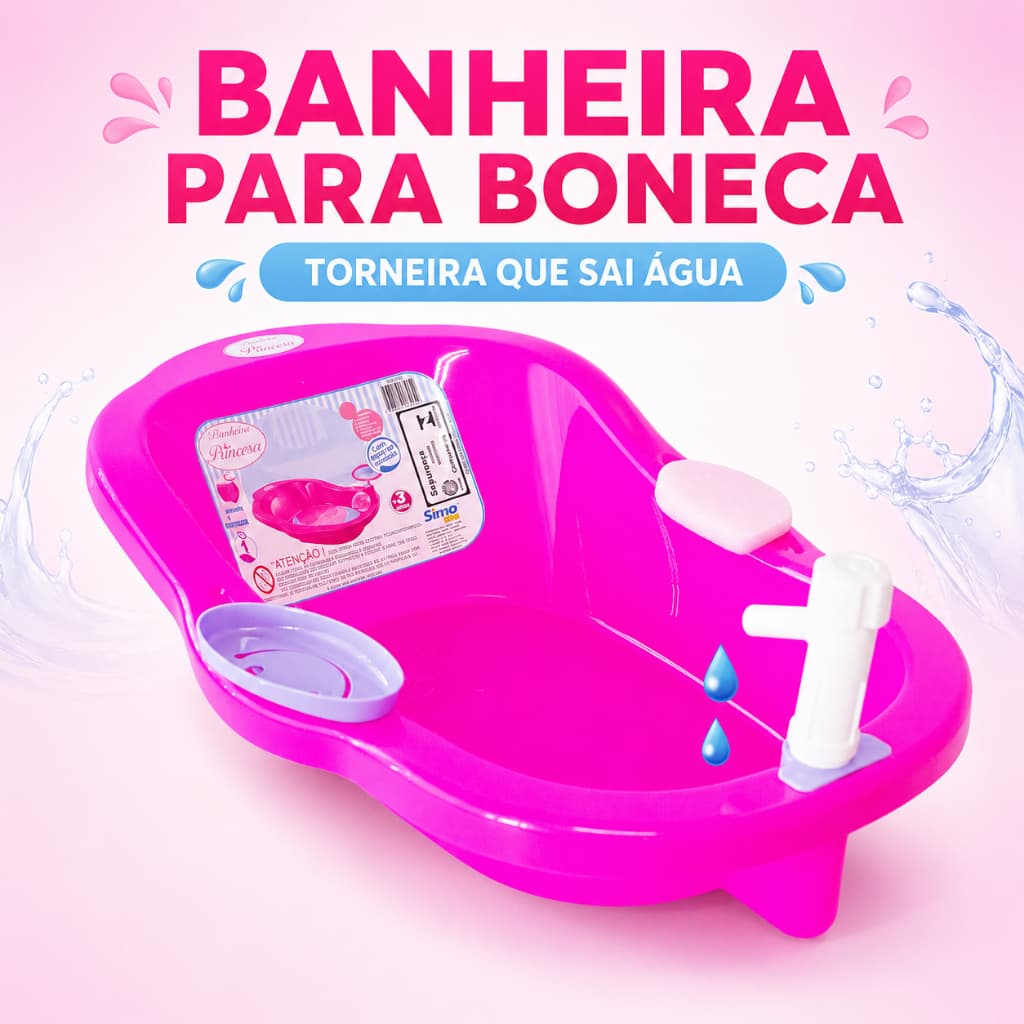 Banheira para Boneca Reborn Grande 50cm com Torneira que Sai Água e Acessórios