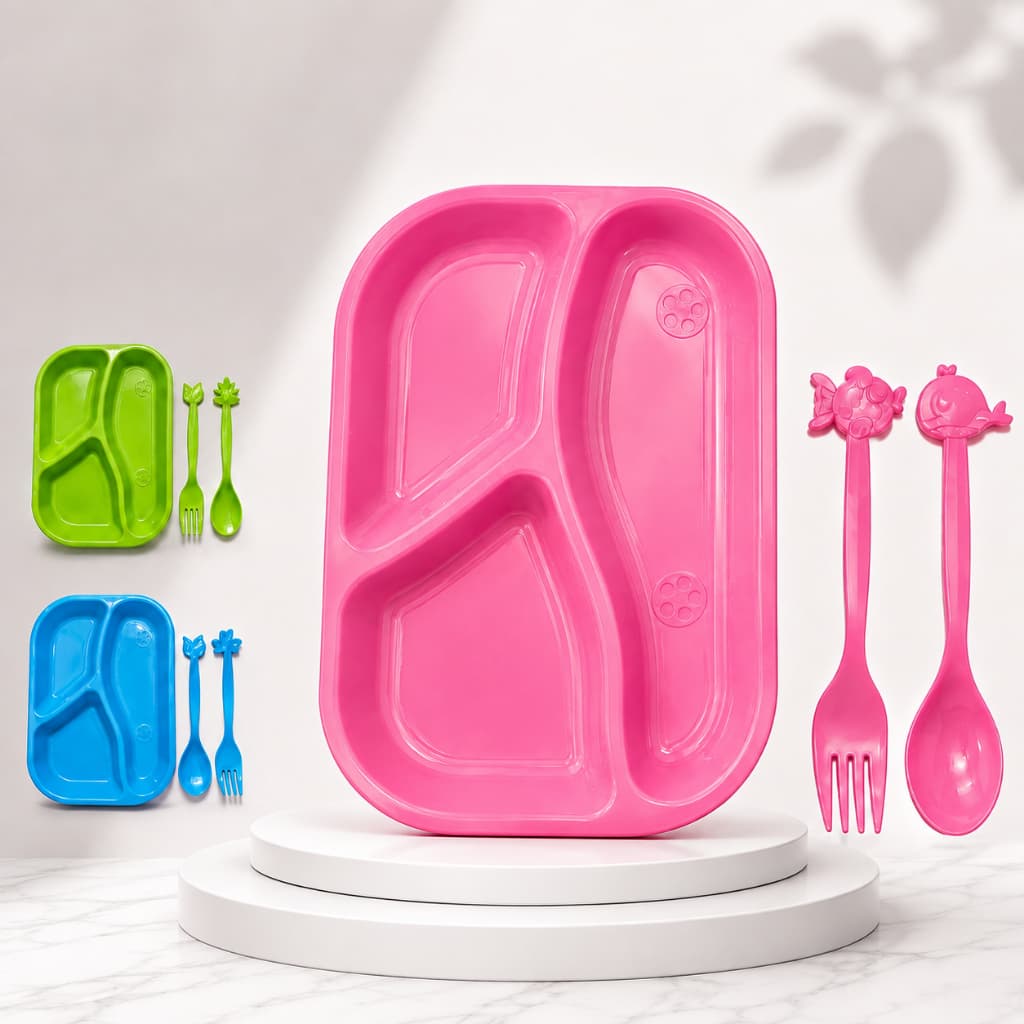Kit Refeição Infantil 3 Divisórias 20cm Com Talher Garfo e Colher