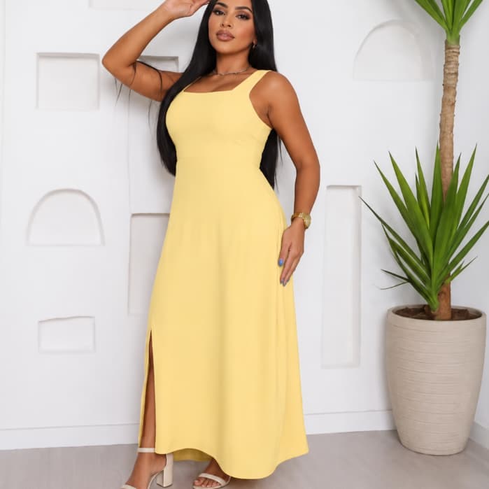 Vestido Longo Feminino de Alça Duna com Fenda Lateral Bojo e Forro  luxo
