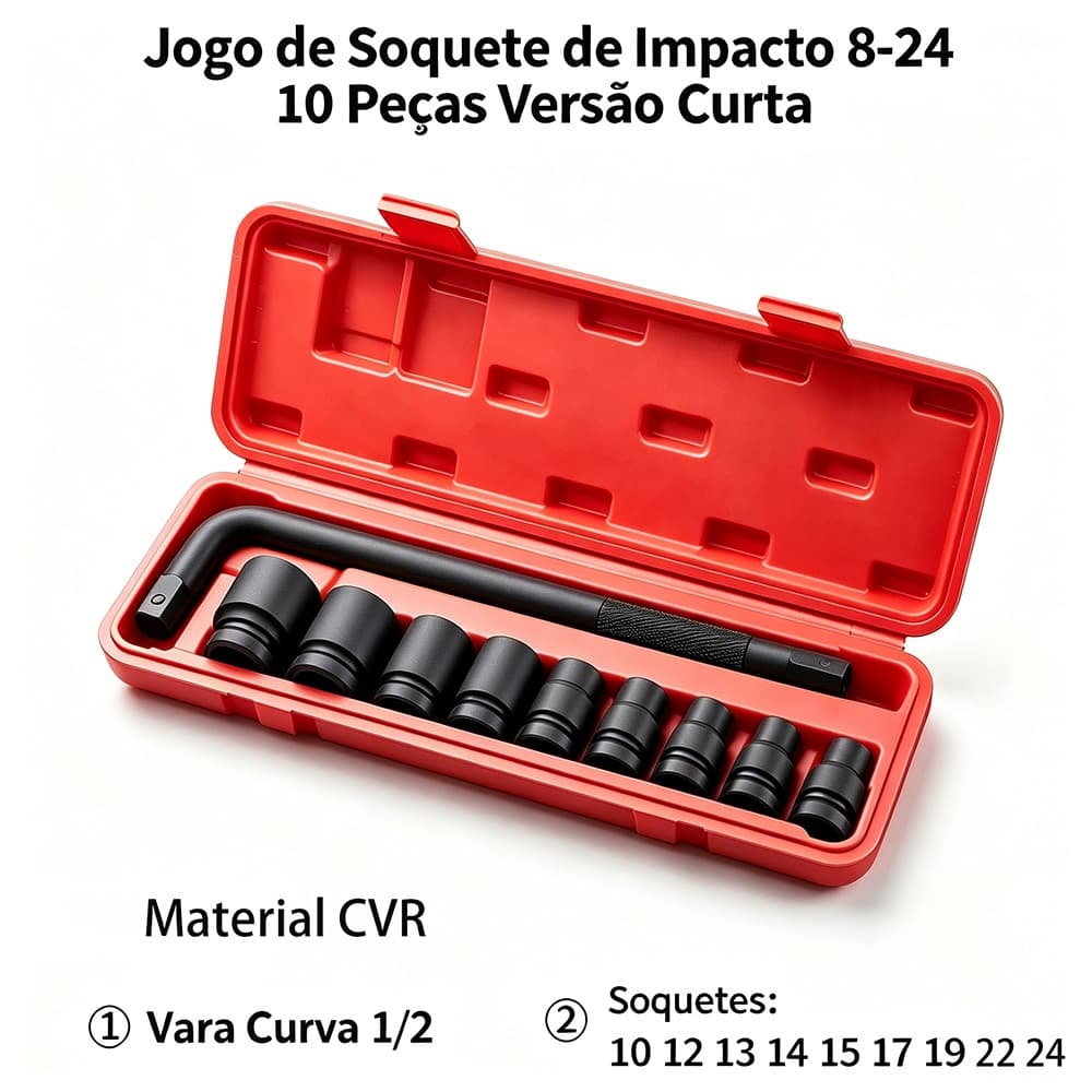 Jogo de Soquete de Impacto Curto 1/2 pol 10 Peças 10-24mm Aço Cromo Molibdênio Ferramenta Mecânica Reparo Automotivo