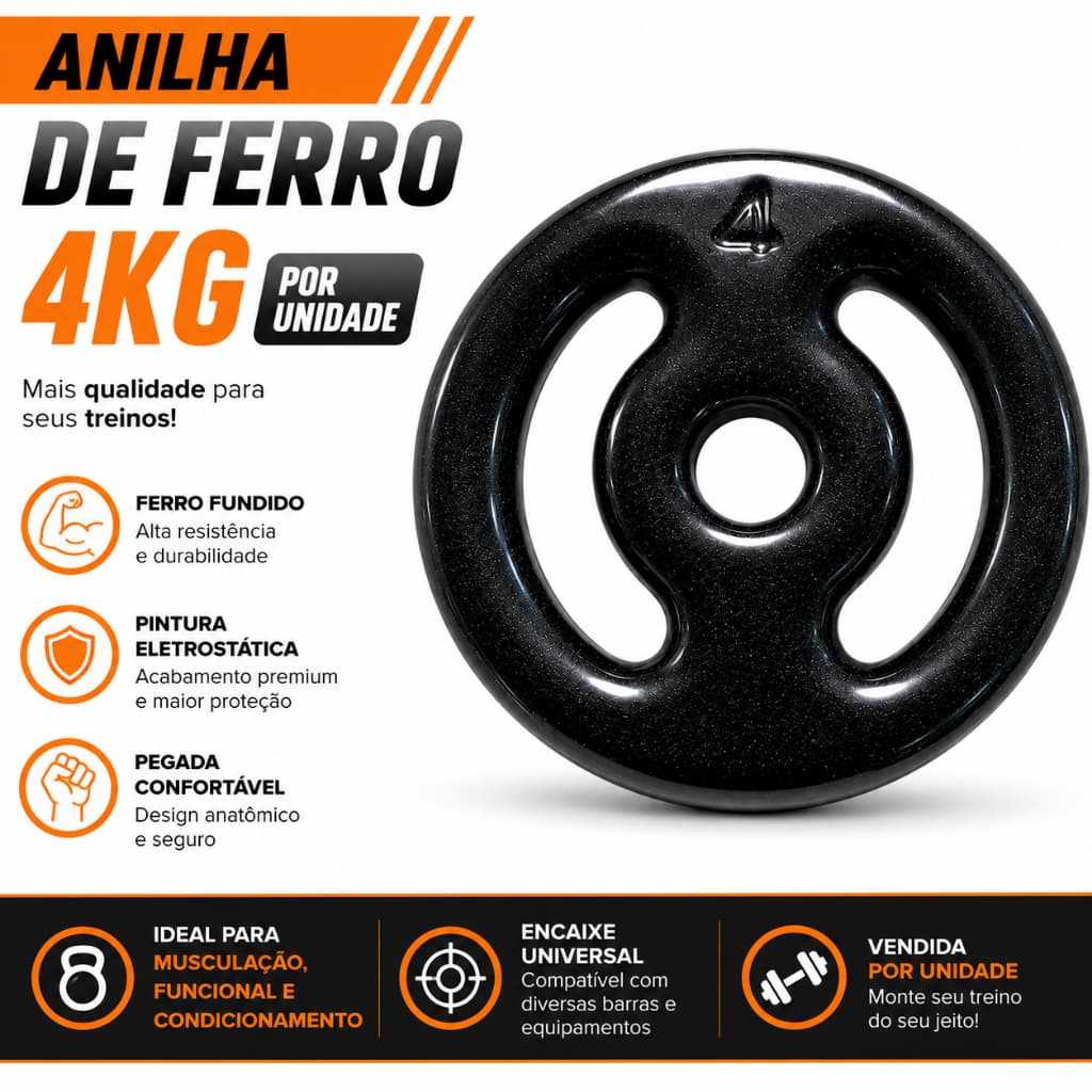 Anilha Emborrachada 4kg Ferro Fundido Premium Academia Musculação Barra