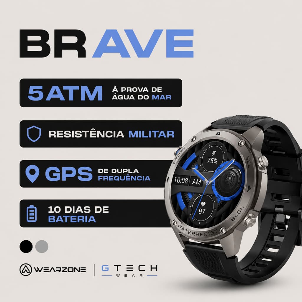 Smartwatch BRAVE com GPS 5ATM + IP69K | Relógio Esportivo Militar Resistente à Água e Alta Performance
