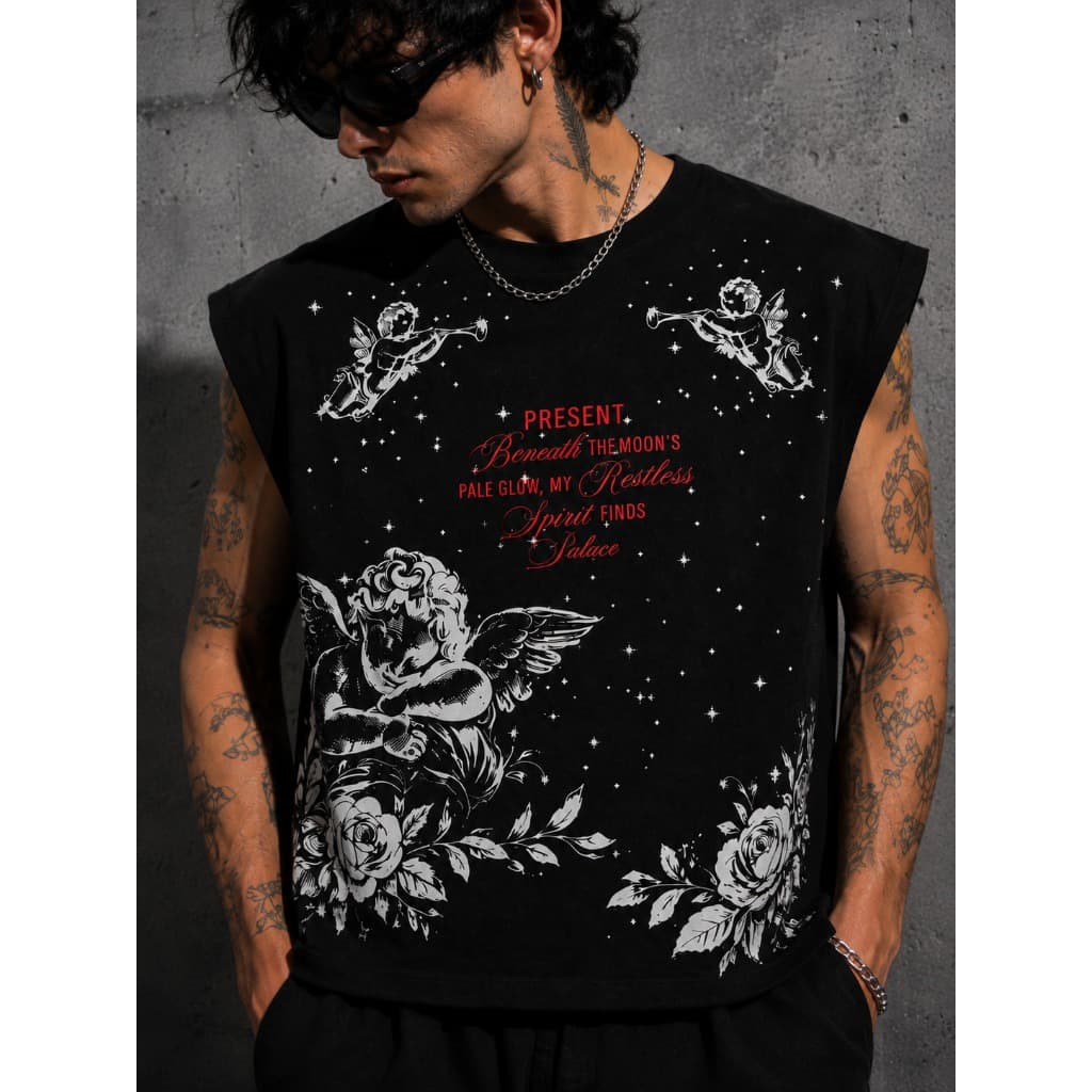 Regata Masculina Boxy Oversized Estampada Anjo 994 Streetwear Gótica Algodão Academia Casual Premium