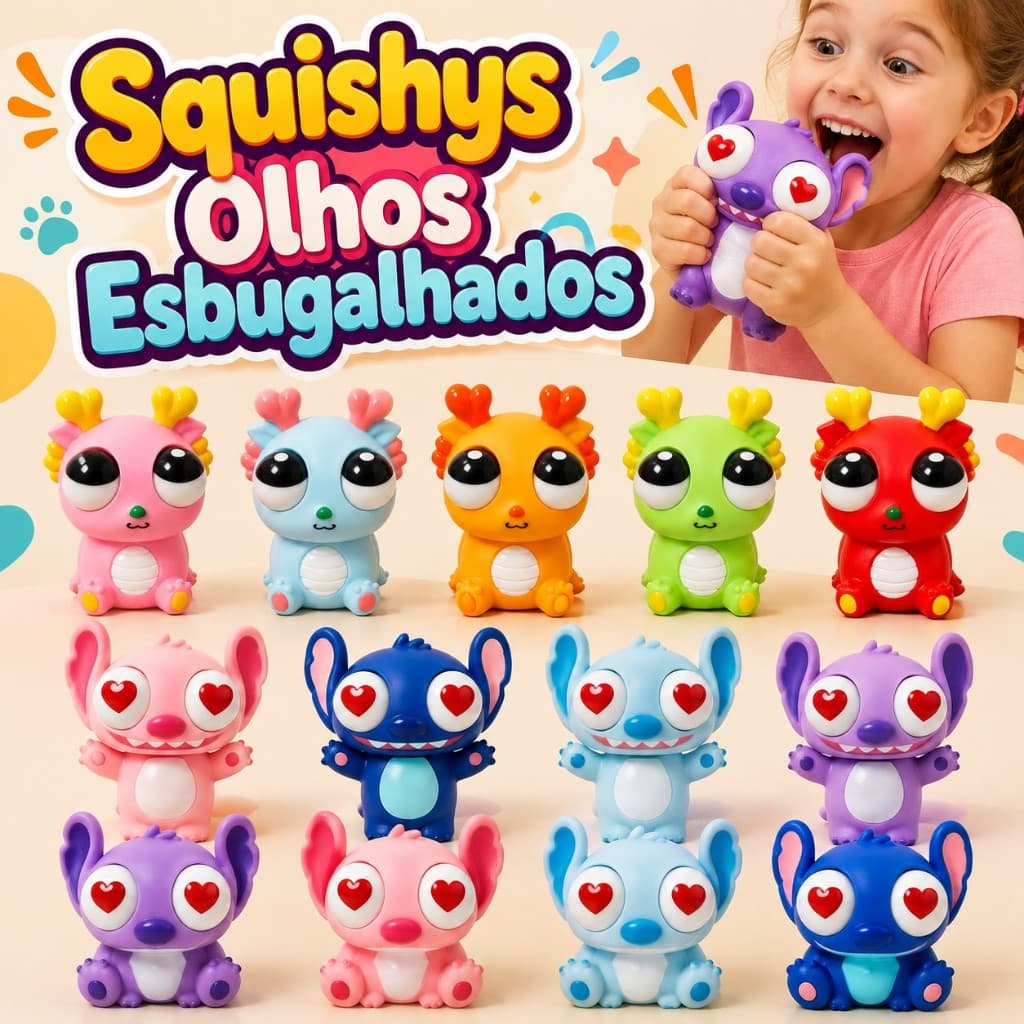 Squishy Olhos Esbugalhados Stitch Dragão Labub Brinquedo Descompressão Alívio Do Estresse Boneco Coração com LED