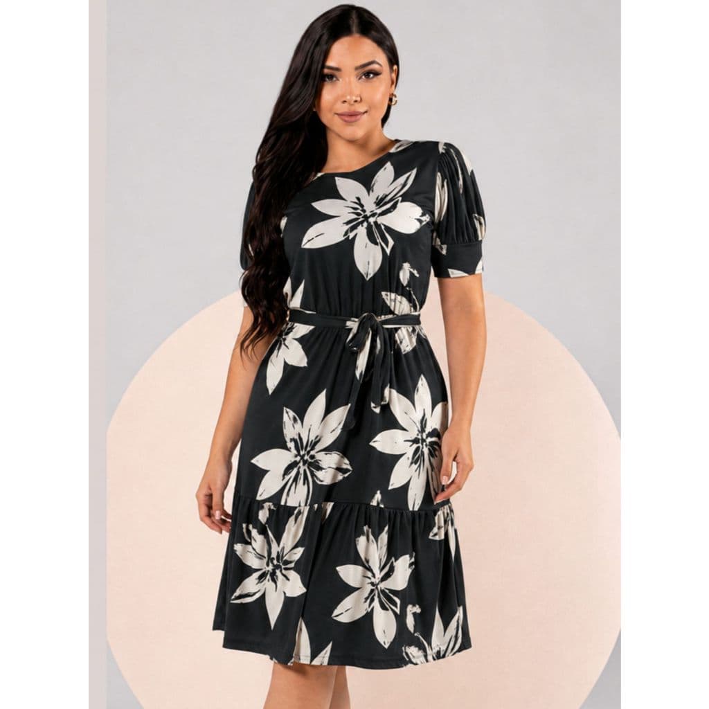 Vestido  Estampado Para Moda Evangelica De Babado, Saia Rodada E Manga Bufante