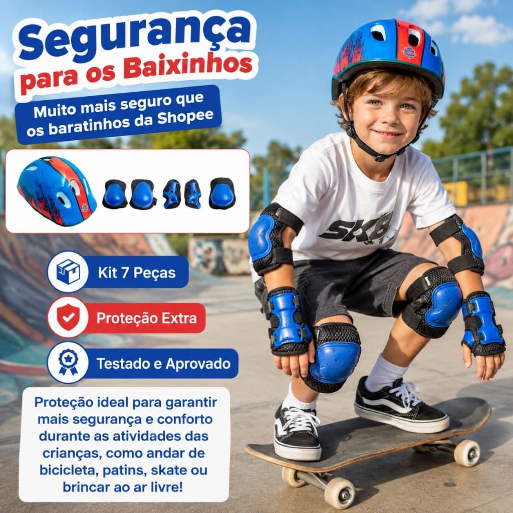 Kit Proteção Infantil 7 Peças Capacete Joelheira Cotoveleira Skate Bike