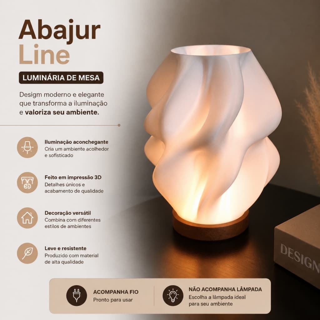 Abajur Luminária de Mesa Line 3D Decoração para Quarto, Sala e Escritório