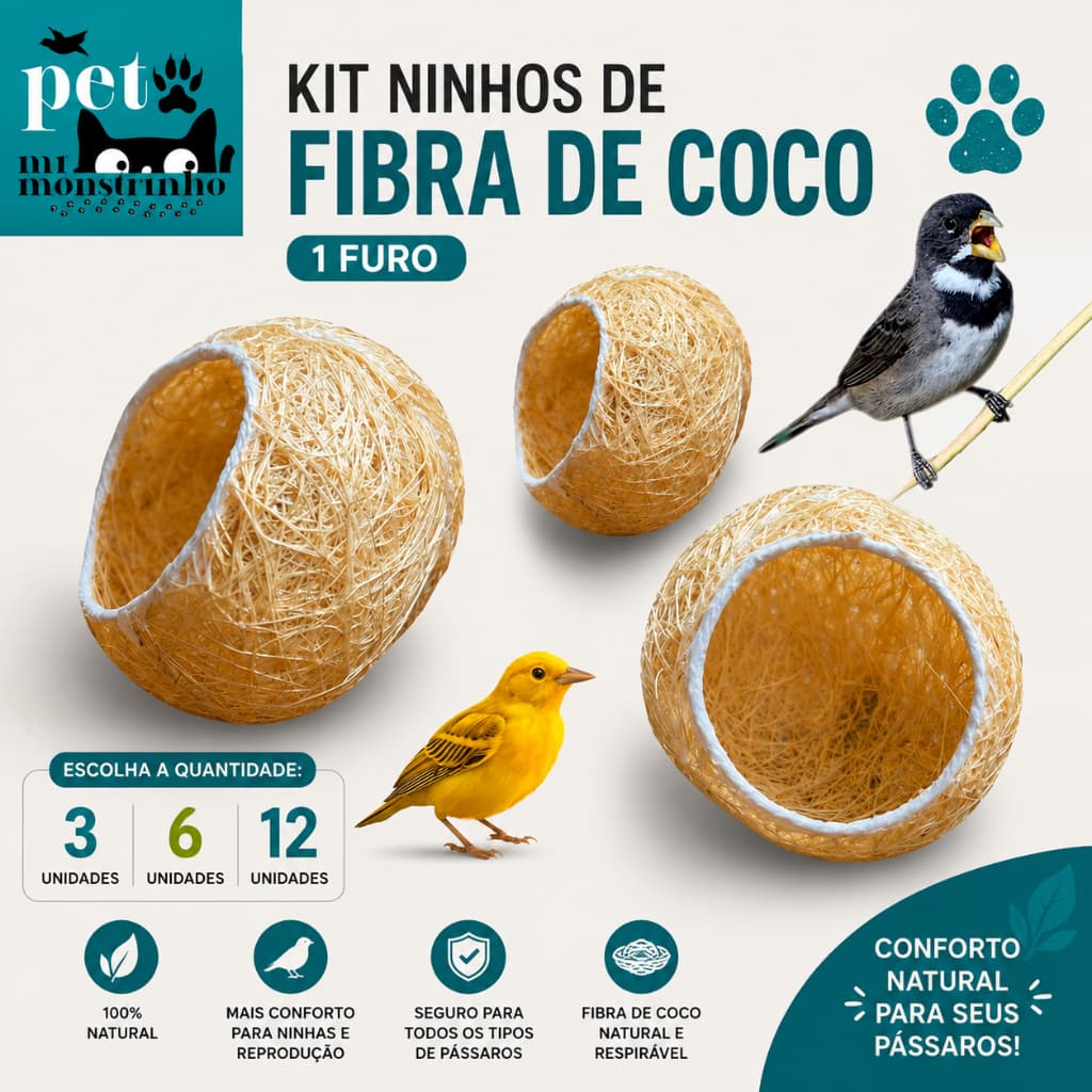 Kit Ninho de Fibra de Coco Bola para Pássaro Coleiro Canário Papa Capim 1 Furo