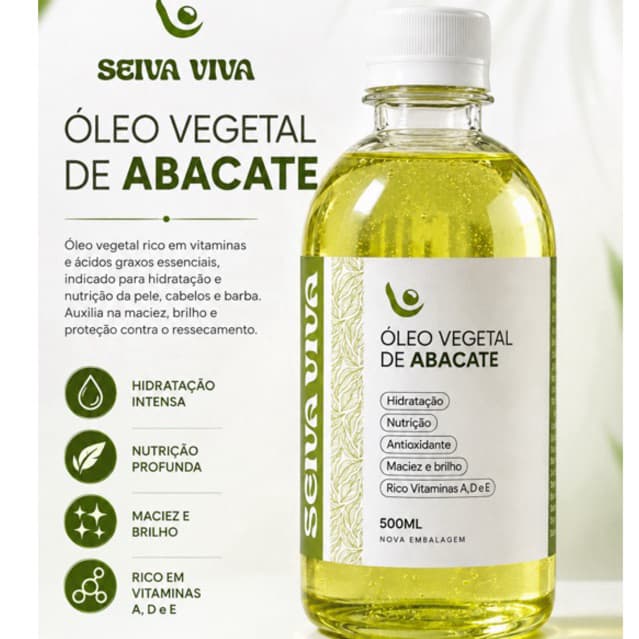 Óleo de Abacate Vegetal 500ml 100% Natural Extração Para Cabelo, Pele e Umectação
