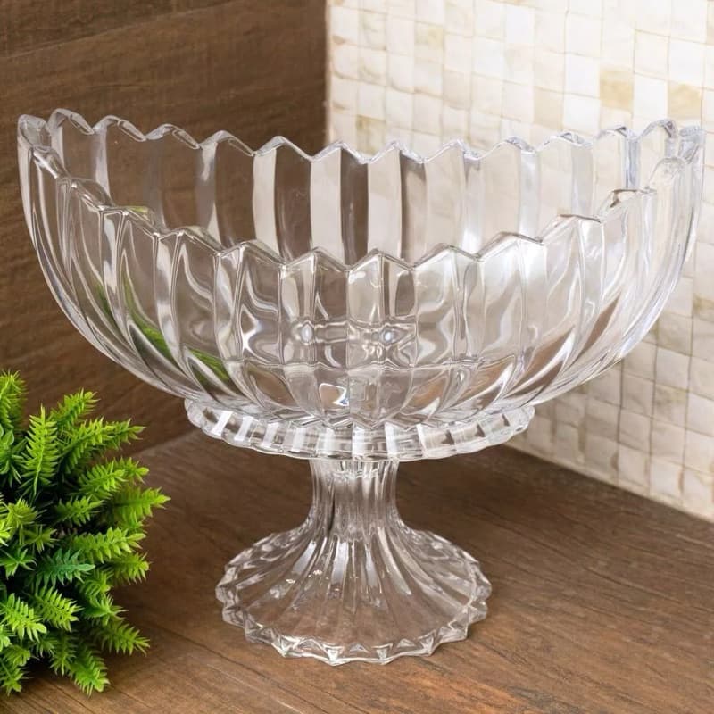 Fruteira Centro de Mesa de Vidro Lapidado Com Pé Reforçado Geneva Oval Redonda Grande Elegante