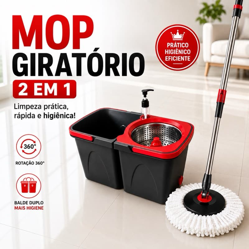 Mop Giratório Duo 360° com Balde Duplo 13L Centrífuga Inox Microfibra Lavável