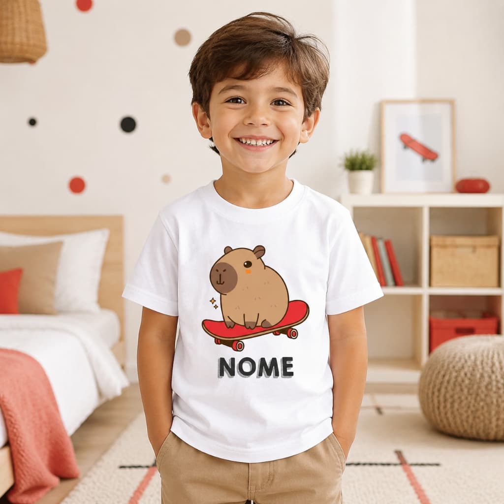 Camisa Infantil Menino Capivara no Skate - inserir Nome
