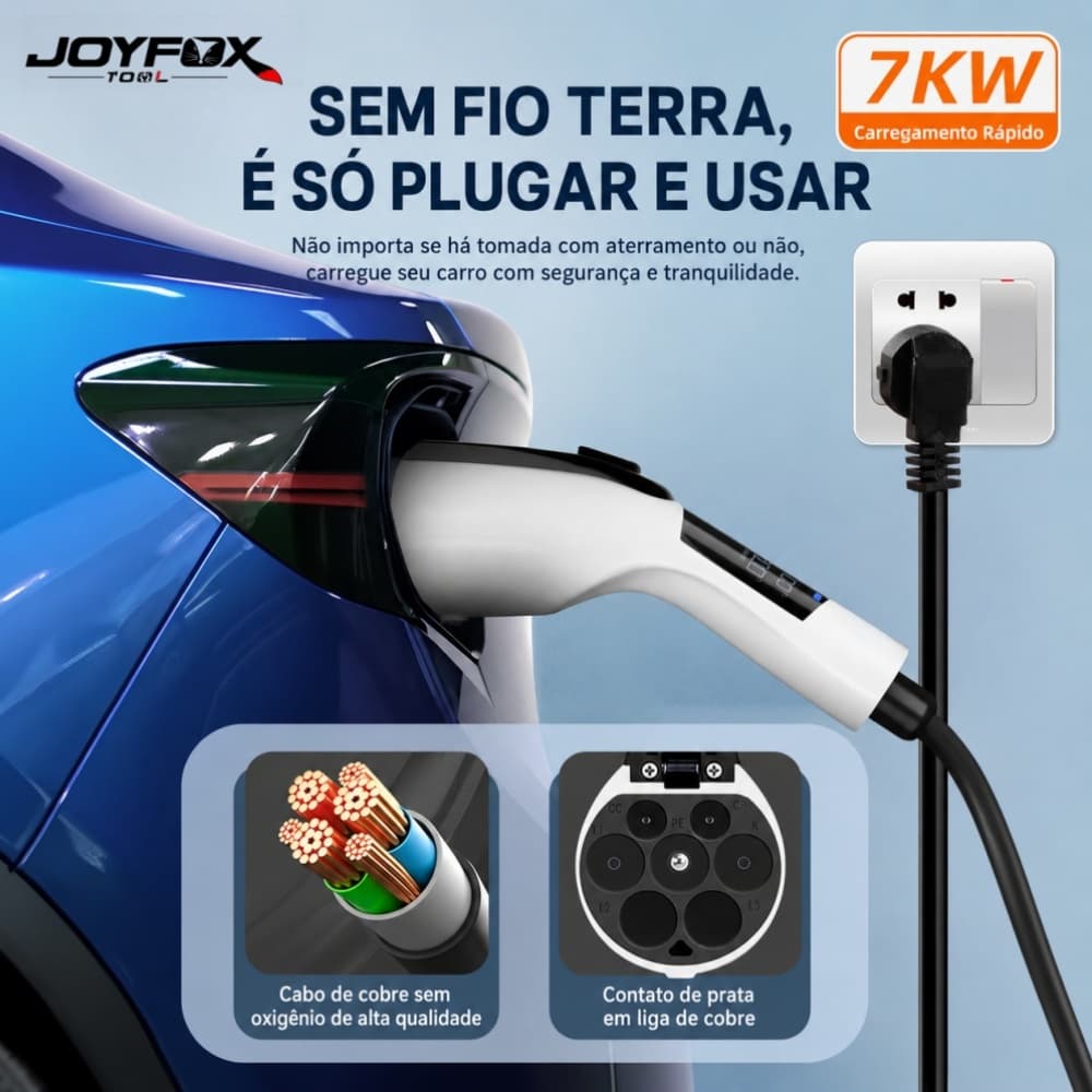 Carregador Portátil EV JOYFOX 7KW 32A Tipo 2 110V/220V com Display Digital e Carregamento Programado Compatível BYD e Ve