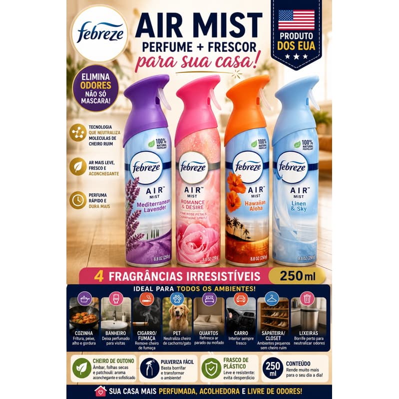 Aromatizador Febreze Air Mist 250ml Importado EUA – Escolha o Aroma