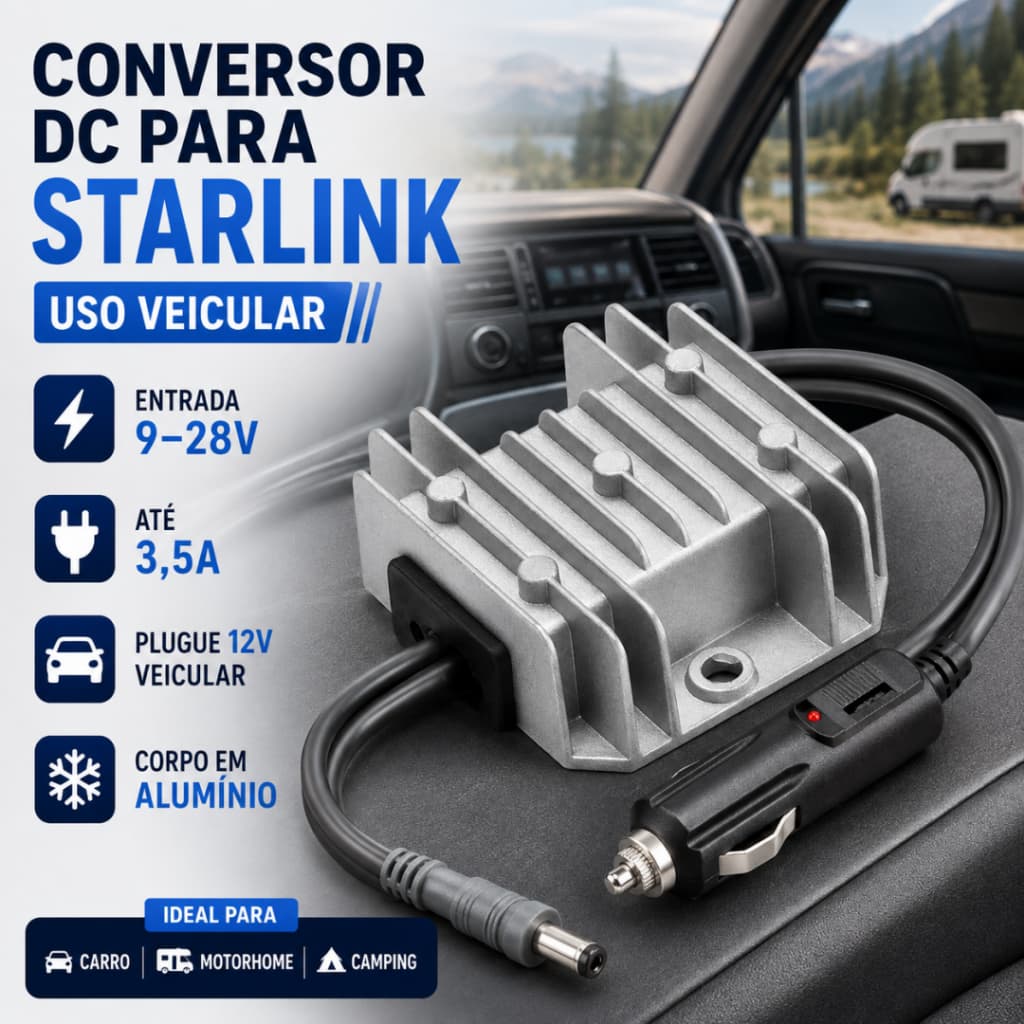 Conversor DC para Starlink Veicular 9-28V 3,5A com Plugue 12V para Carro Motorhome e Camping