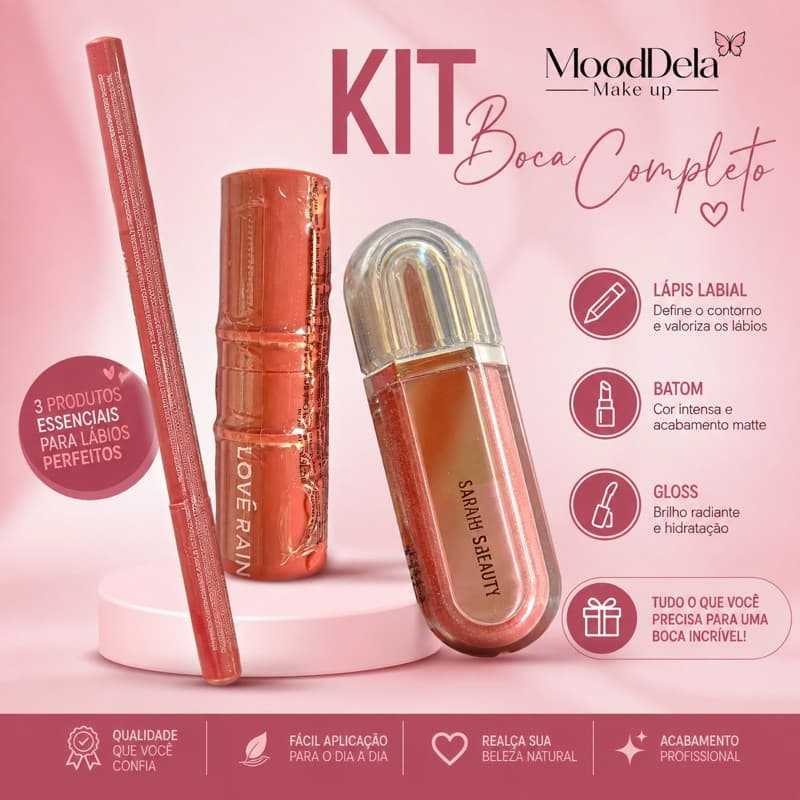 Lápis labial + Batom + Gloss Sarah’s beauty kit com 3