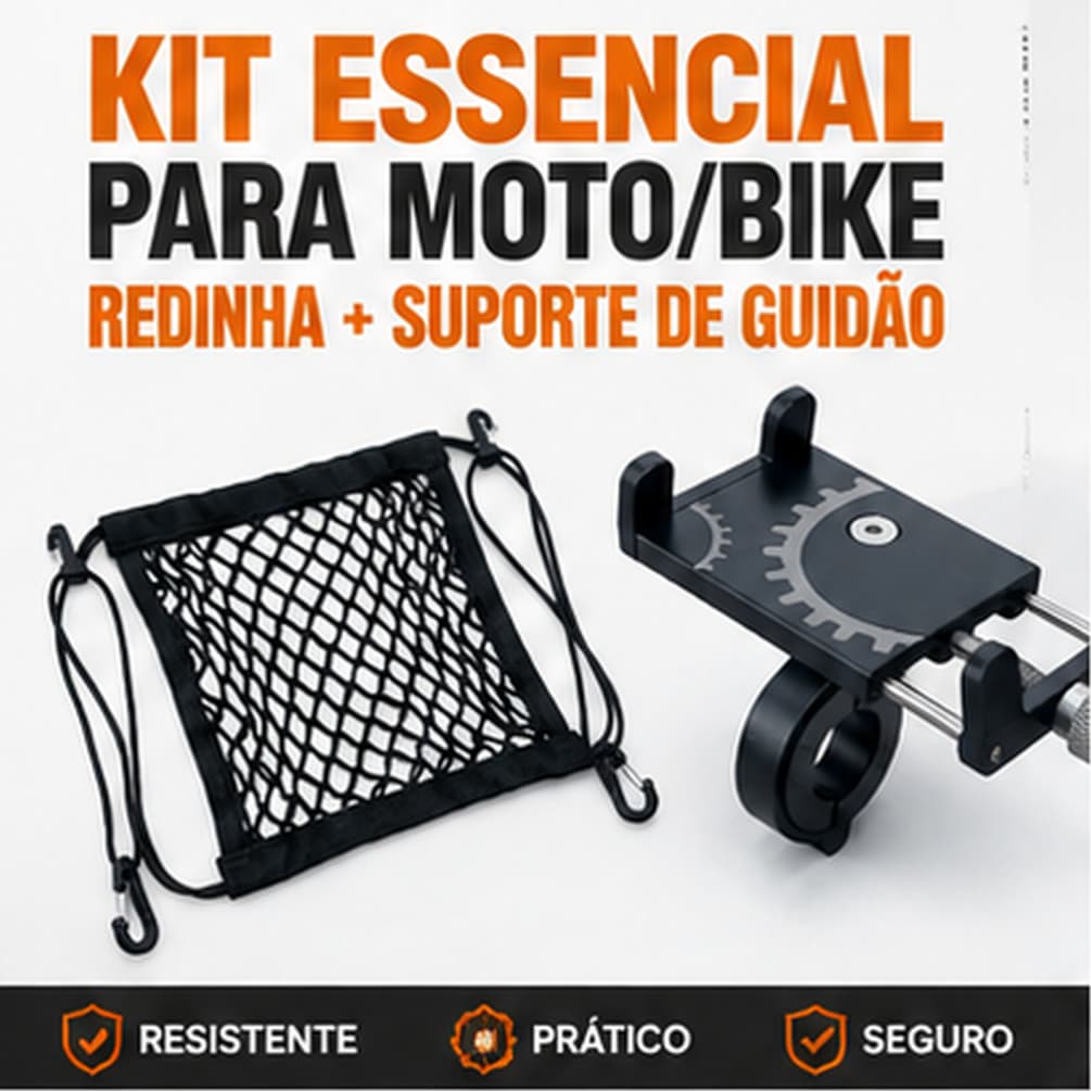 Kit Rede Elástica Moto 30x30cm + Suporte Celular Guidão Alumínio CNC Bike Capacete Bagagem 4 Ganchos