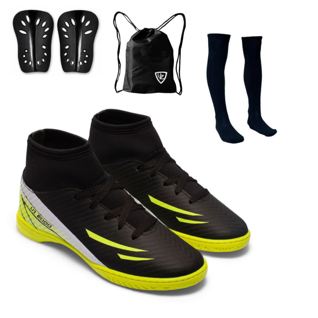 Chuteira Futsal Quadra Uz2000 Botinha Leve Confortável Uzze + Meião + Caneleira + Mochila