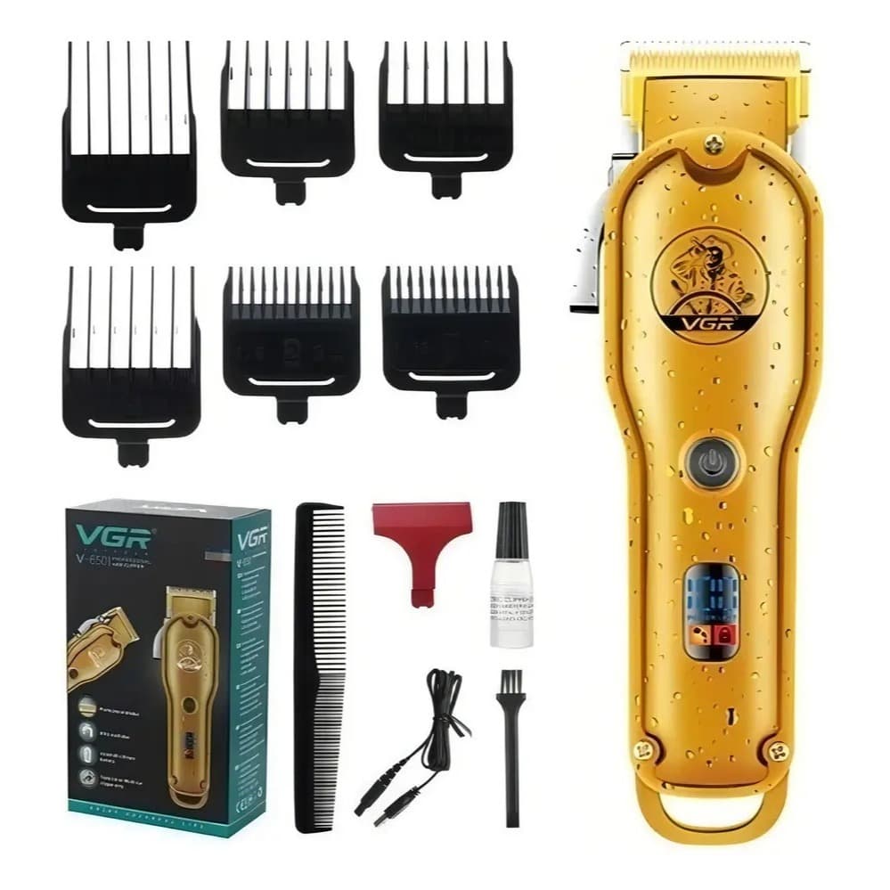Máquina de Cortar Cabelo Profissional VGR V-650 Dourada Recarregável com Display Digital + 6 Pentes