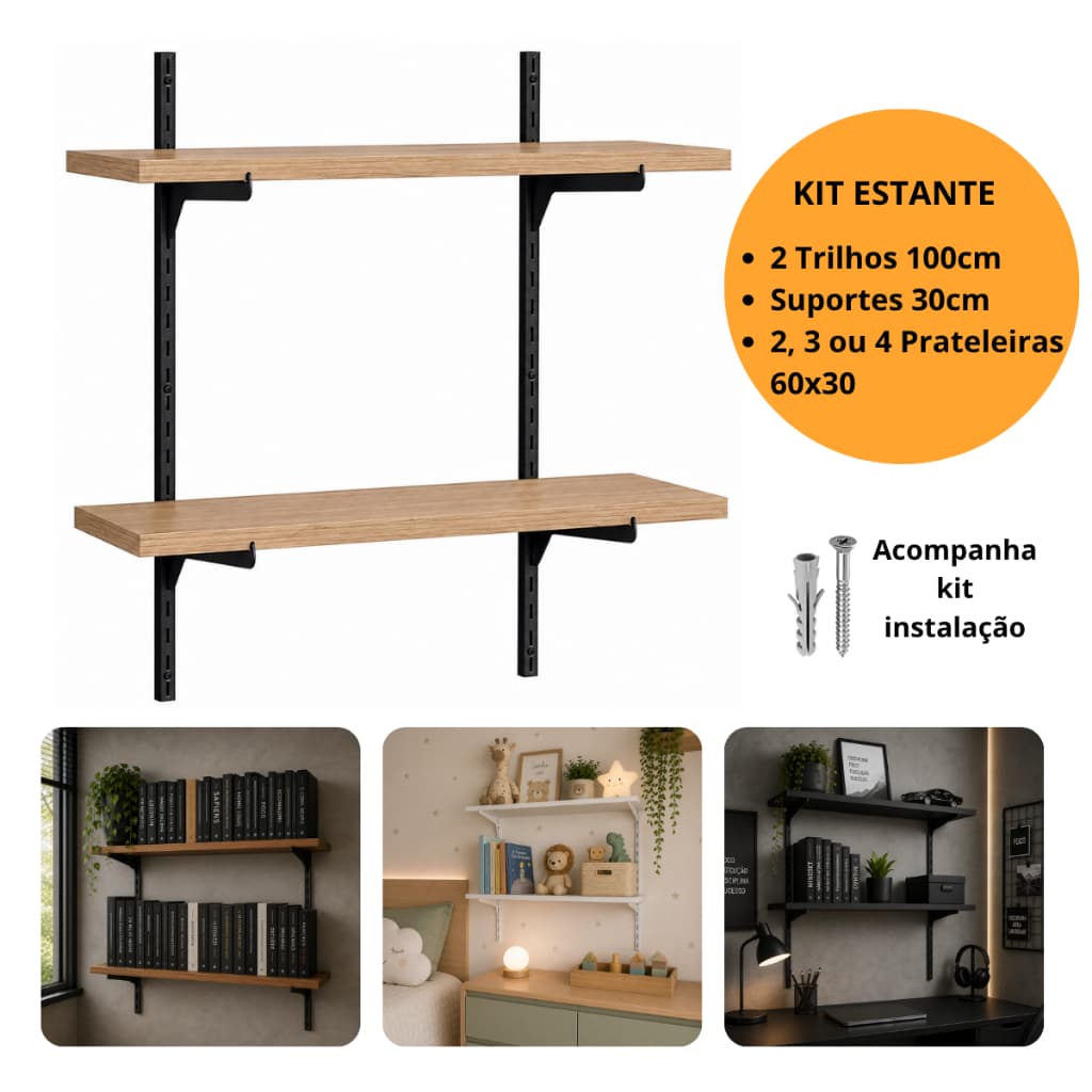 Kit Prateleiras Moduladas 60x30 com Trilhos e Suportes de Aço 2 3 ou 4 Prateleiras Ajustável
