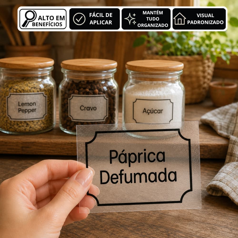 Kit 50/25 Adesivos no Vinil à Prova de Água TRANSPARENTE para Potes Organizadores Temperos Mantimentos Organizador