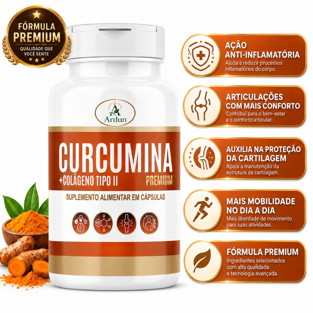 Curcumina com Colágeno Tipo 2 Original Cúrcuma Longa 60 Comprimidos POTE PARA 30 DIAS