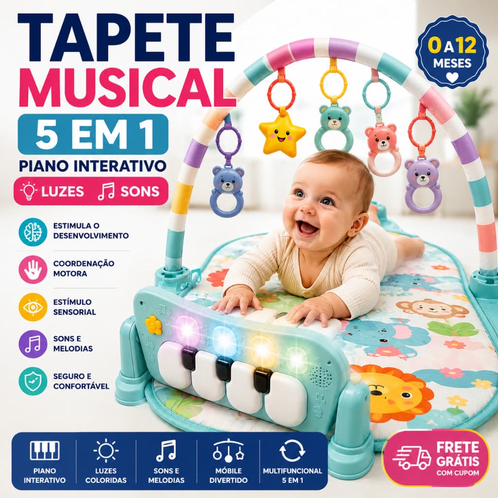 Tapete de Atividades para Bebê com Piano Musical Luzes e Móbile Brinquedo Educativo 0 a 12 Meses