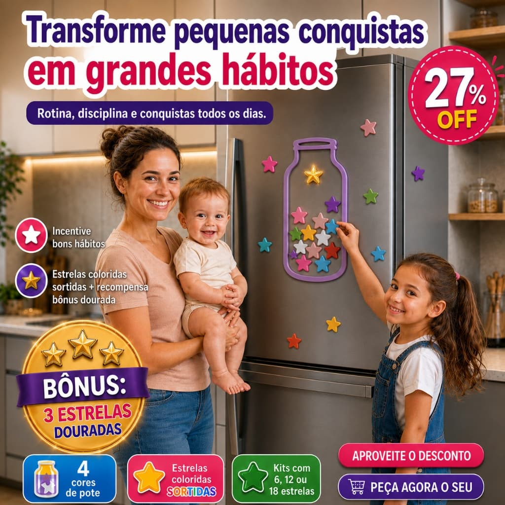 ⭐Pote de Recompensa Infantil Magnético Quadro da Rotina de Estrelinhas Incentive Bons Hábitos (Com Estrelinhas Douradas)