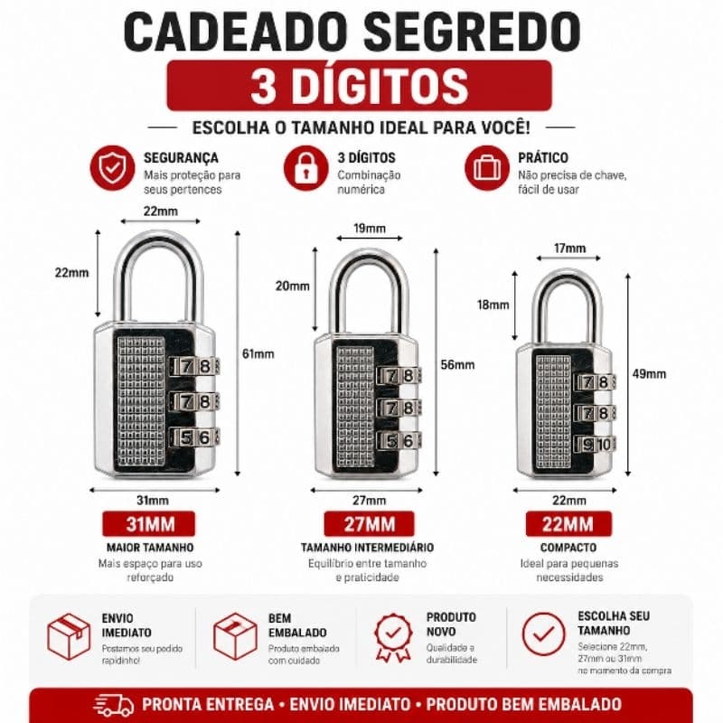 Cadeado com Combinação 3 Dígitos – Vários Tamanhos – Envio Imediato