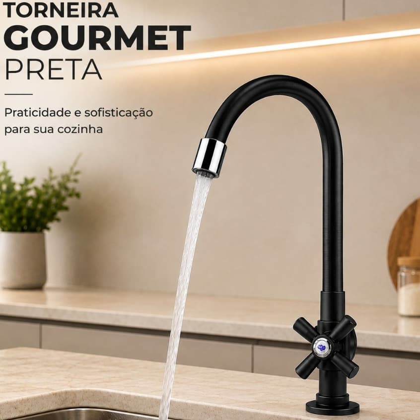 Torneira Gourmet Preta para Cozinha com Bica Móvel e Design Moderno