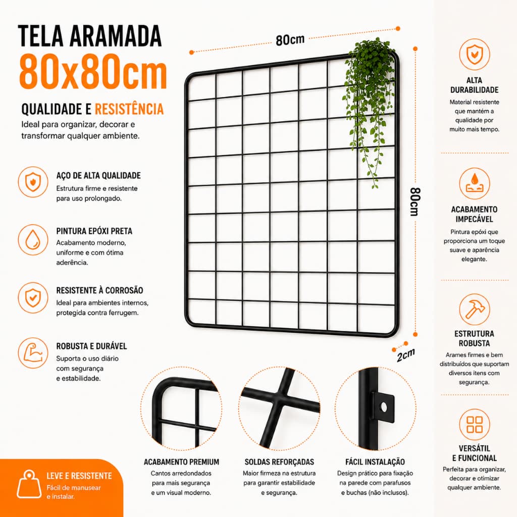 Tela Aramada Expositora 80x80 Preto Painel de Aço Organizador Parede Loja Decoração