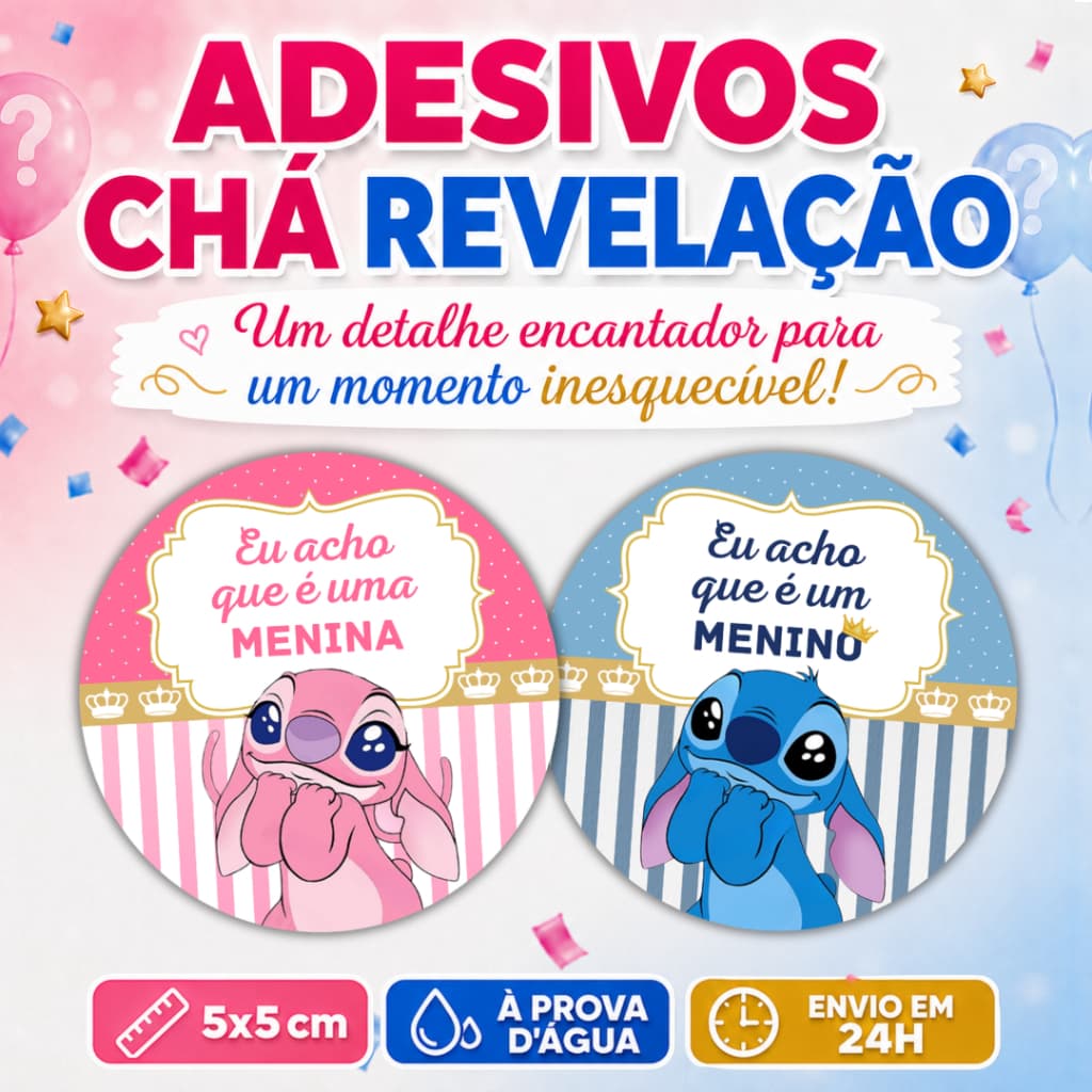 100 Adesivos Chá Revelação Stitch Menina Menino Azul e Rosa Lembrancinha Envio Imediato